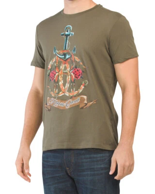  ROBERTO CAVALLI Made In Italy Pima Cotton Rc Anchor Rose T Shirt military green - Image 1 of 2