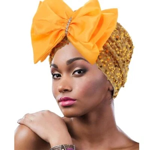 Head Wrap Bow Turban Sequin Beanie Pre Tie Head Scarf for Women Yellow - Picture 1 of 7