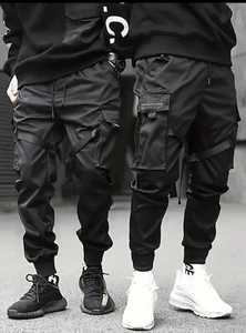Men’s Size 2 XL Black Stylish Cargo Pants Baggy Trousers Loose Hip Hop Pockets - Picture 1 of 7