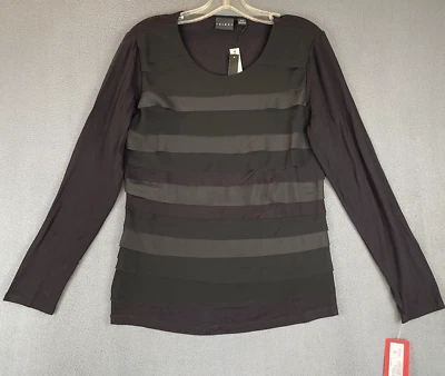 Blusa tribal em camadas vintage tamanho M nova com etiquetas preta crepe nível gola redonda manga longa elástica - Imagem 1 de 4