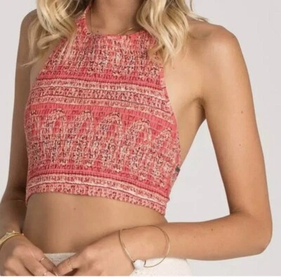 Billabong Late Night Paisley Print Smocked Halter Top - Small - Coral - Image 1 of 4