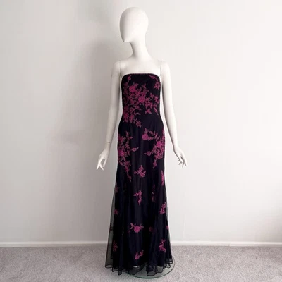 Vintage Cache Size S Black Beaded Pink Floral Strapless Formal Prom Party Gown - Image 1 of 4