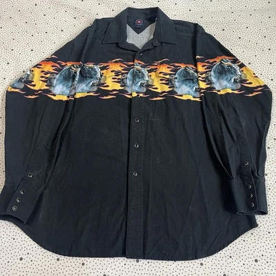 Camisa Panhandle Slim Western Masculina XL Black Flames Steer Black Pearl Snaps - Imagem 1 de 4