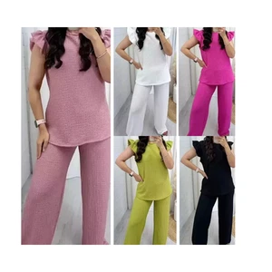 Women's Textured Cheesecloth Frill Sleeve Top Trouser 2PCS Co Ord Loungewear Set - Picture 1 of 14