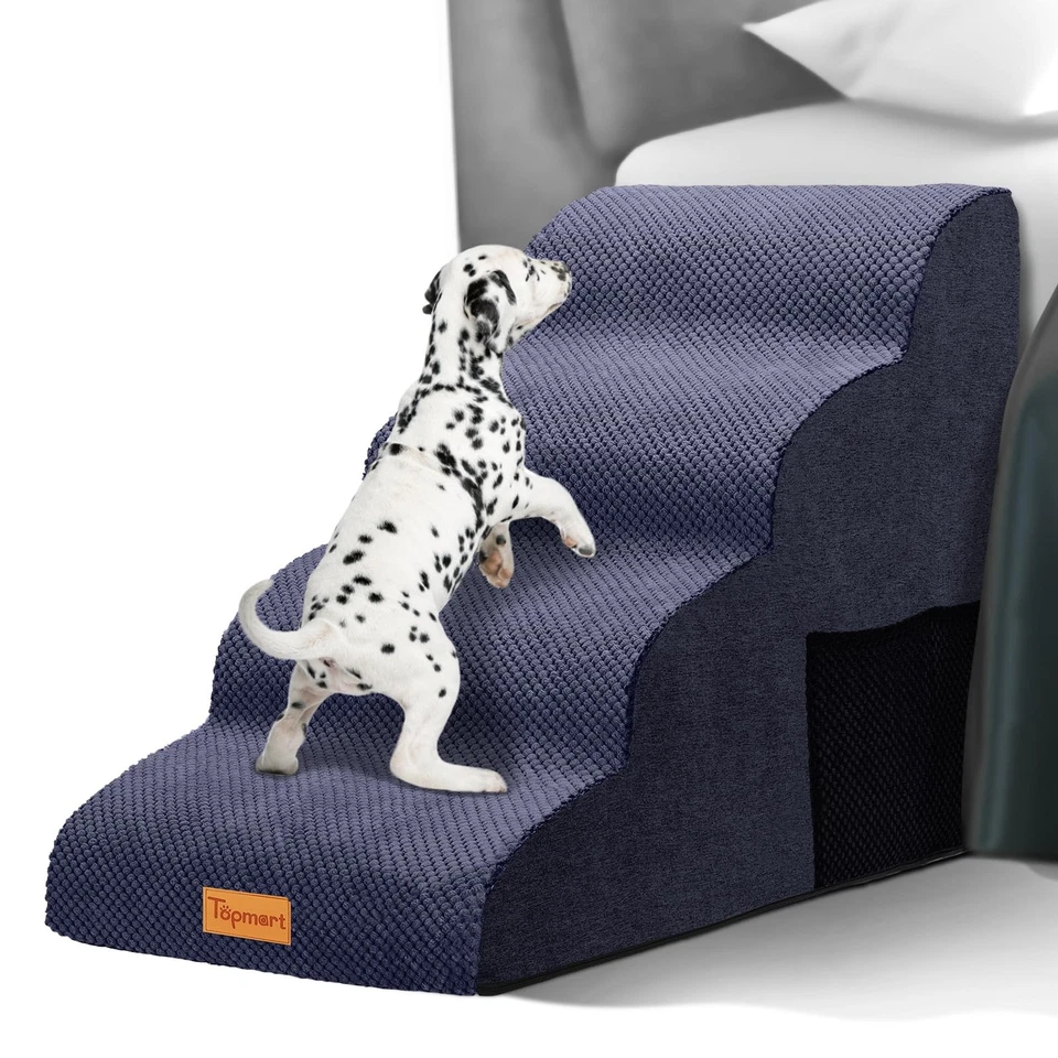 High Density Foam Dog Steps 4 Tiers Extra Wide Deep Pet 4-Step Dark Blue