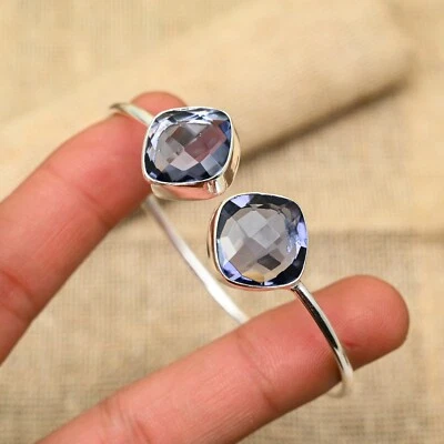 Iolite Gemstone Handmade 925 Sterling Silver Jewelry Bangle Adjustable - Image 1 of 4