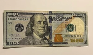 Fancy serial number LOW SERIAL NUMBER RARE $100 dollar bill SIX ZEROS 00000039 - Picture 1 of 2