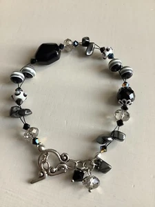 Bracelet With Hematite, Black, White, Glass and Swarovski Crystal Beads. - Picture 1 of 2