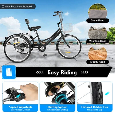 MARKENLOS 24 Zoll Dreirad für Erwachsene 3-Rad 7-Gang Senioren Fahrrad mit Einkaufskorb DE