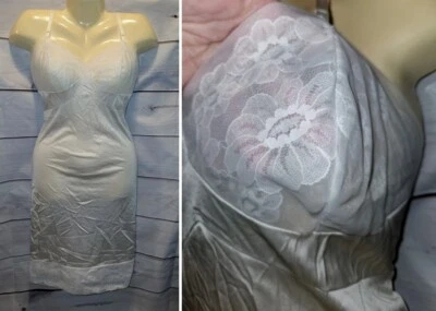 VTG JC Penney 36 Full Slip White Sheer Cased Floral Lace Bust & Trim Nylon  - Image 1 of 4