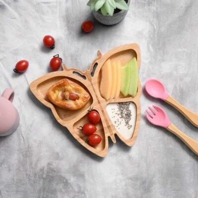 Kinderteller aus Bambus in Schmetterlingsform mit Silikon-Saugfuß +Gabel, Löffel - Bild 1 von 4