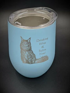 Cat theme laser engraved insulated stemless wine mug with lid - Picture 1 of 4