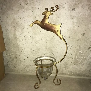 VINTAGE Bombay Co Company brushed gold Reindeer candle holder w/glass sconce EUC - Picture 1 of 1