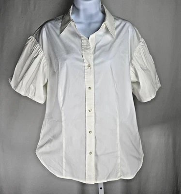 Camisa Anne Klein Mujer 14 Blanca Abullonada Manga Corta Botón Frontal Blusa Crema Foto 1 de 4