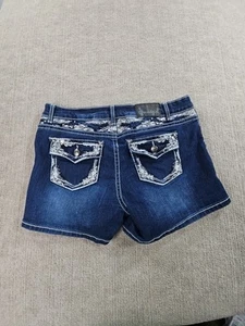 Soundgirl Jean Shorts Size 15 Embellished Mid Rise Flap Pocket Dark Wash Stretch - Picture 1 of 10