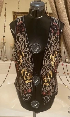 Chaleco Lentejuelas Cuentas Seda Años 80 DE COLECCIÓN CORBATA NEGRA DE HE-RO Negro Dorado Cobre L Foto 1 de 4