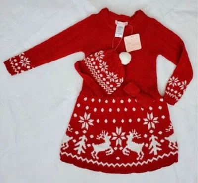 NUEVO CON ETIQUETAS Niñas Pequeñas Rojo y Blanco Invierno Copo de Nieve Suéter Vestido A Juego Sombrero Talla 5 Foto 1 de 4