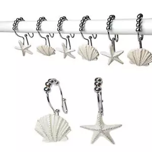 Decorative Shower Curtain Hooks,12 PcsSeashell Double Glide Shower Curtain Hooks - Picture 1 of 9