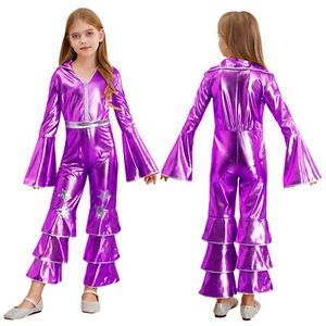 Kids Girls Costume Retro Bodysuit Ruffle Jumpsuit Zipper Playsuit Shiny Catsuit - Picture 1 of 55