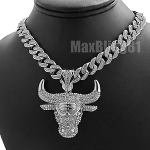 Icy Bulls Head Pendant & 13mm 16" 18" 20" 24" Iced Cuban Box Lock Chain Necklace - Picture 1 of 20