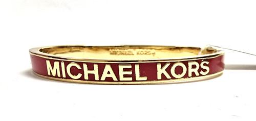 NUOVO BRACCIALETTO MICHAEL KORS TONO ORO LUCIDO SMALTO ROSSO LOGO 'MK' CERNIERA