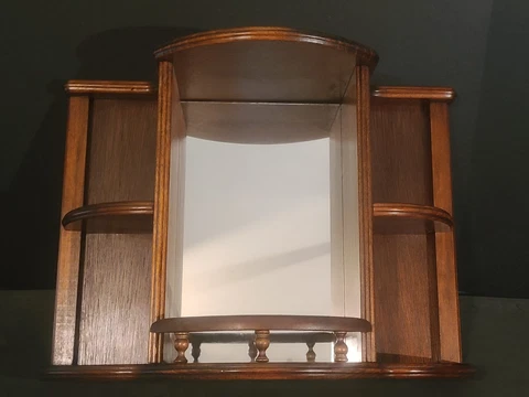 Vintage Wood Wall Curio Shelf Shadow Box Mirror With Spindle Rail 18" X 13" X 7" Cover