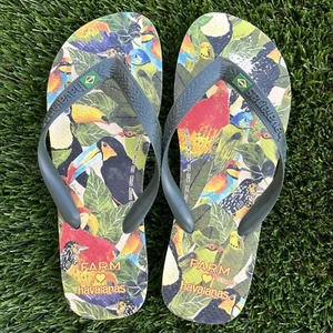 HAVAIANAS X FARM RIO Flip Flops Green Toucan Women’s 11/12 EUR 43/44 - Picture 1 of 5
