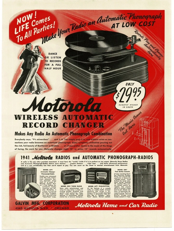1940 Motorola trocador de discos sem fio player anúncio impresso vintage - Imagem 1 de 1