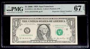 2006 $1 Dollar Binary Repeater Fancy Serial Number L33533353K PMG 67 EPQ Superb - Picture 1 of 4