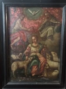 LA DIVINE BERGÈRE AVEC LA SAINTE TRINITÉ. HUILE SUR MÉTAL. ESPAGNE. XVIII – XIX - Imagen 1 de 7