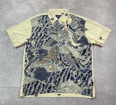 Vintage Dragonfly Shirt Mens L Geisha Dragon Y2K Hawaiian Button Two Tone Japan - Image 1 of 4