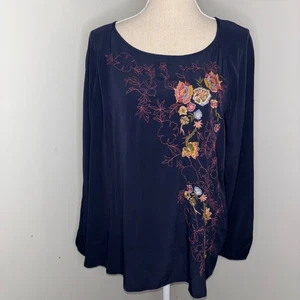 Blusa J Jill azul marino bordada flores silvestres floral crepé holgada talla mediana - Imagen 1 de 9