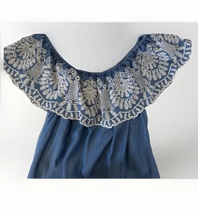 GIVEN KALE Dress XS Blue Chambray Off The Shoulder Embroidered Boho Sezane Dupe - Picture 1 of 7