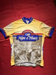 Revi Cycling Jersey Yellow Size L Made In USA Biker Print Vtg Cafe Alpe D'Huez - Picture 1 of 10