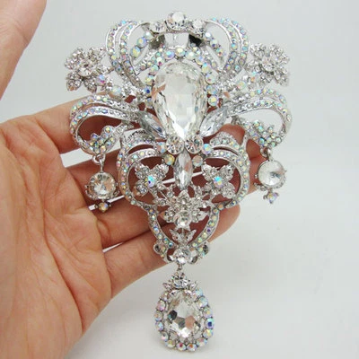 Bride Huge Flower Pendant Brooch Pin Clear Rhinestone Crystal - Image 1 of 4