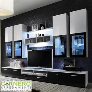 Parete attrezzata soggiorno BARRIE Gihome ® bianco nero lucido vetrine LED TV - Foto 1 di 1