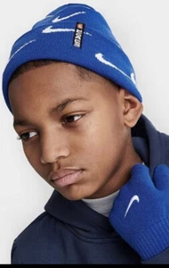 New Nike Youth Boys 2 Piece Winter Set -Beanie Cap & Gloves -Blue/White -NWT - Picture 1 of 1