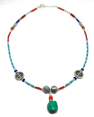 Turquoise, Coral Gemstone Tibetan 925 Sterling Silver Necklace Jewelry 18" adjus - Image 1 of 4