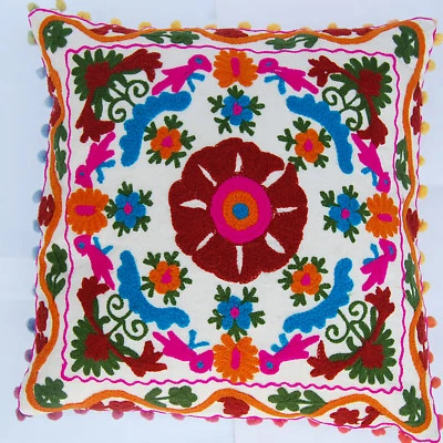 Cotton Traditional Embroidery Pillow Case 16x16" Square Cushion Cover Sofa Decor - Image 1 of 3