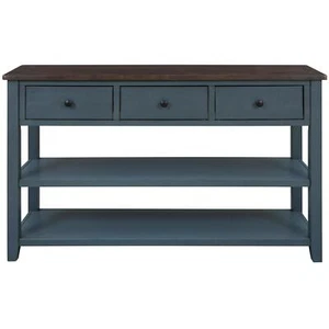 Console Table with Two Open Shelves Pine Solid Wood Frame and Legs Navy - Picture 1 of 19