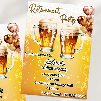 Retirement party Invitations,Personalised Leaving work invites,Leavers Beer card - Image 1 of 4