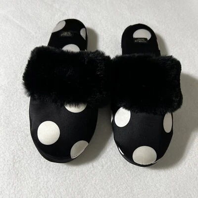Victoria Secret Black Polka Dot Faux Fur Slippers House Shoes Size Small - Image 1 of 4