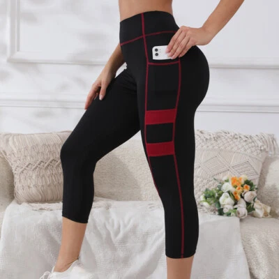 Sports Cropped Pants with Pockets Women Contrast Stitching Yoga Leggings S-XXL - Image 1 of 4