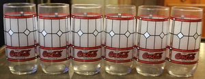6 Libbey Coca Cola Frosted Stained Window Tiffany Style Glass Tumblers Drink New - Picture 1 of 12