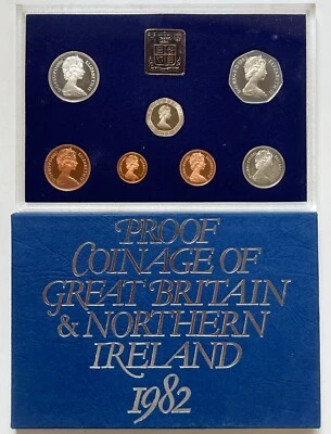 Gran Bretaña e Irlanda del Norte 1982 conjunto de prueba de 7 monedas, 1/2p a 50p [30538] Foto 1 de 3