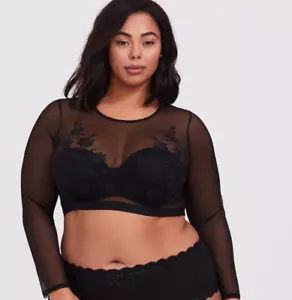 Torrid Black Mesh Embroidered Long Sleeve Under-It-All Crop Top size 00 10 Med - Picture 1 of 3