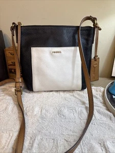 Fossil Crossbody Bag Leather Two Tone Black And White Purse Tote - Picture 1 of 16