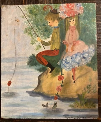 Pequeña pintura original vintage a bordo niños pesca firmada Ruby Roberts Foto 1 de 4