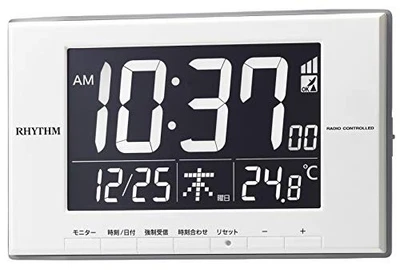 RHYTHM Wecker, Funkuhr, Thermometer, Kalender, LED-Licht, Wh - Bild 1 von 4