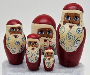 Vintage 5 piece Nesting Santas ~ Handpainted ~ Russia - Picture 1 of 14
